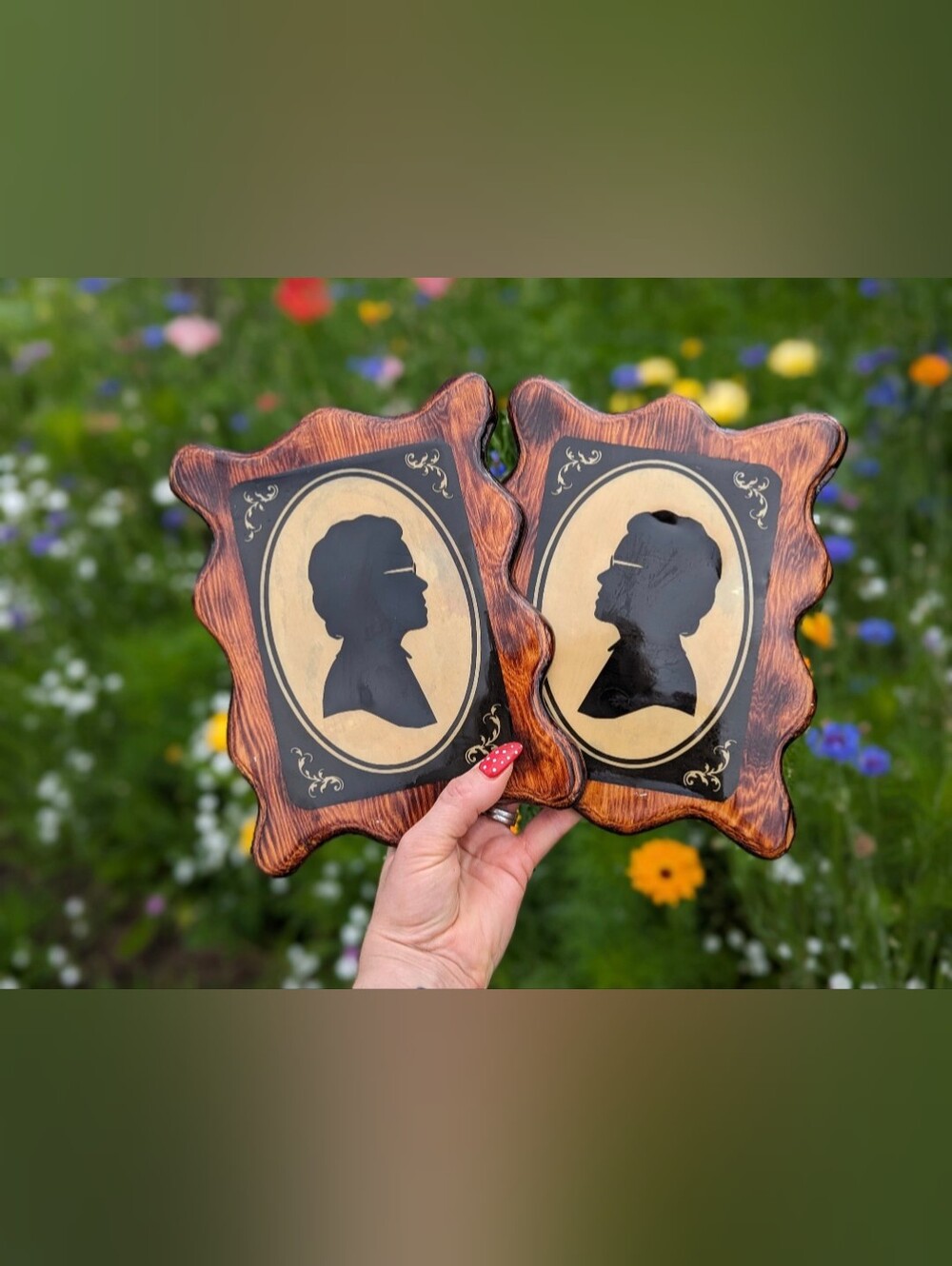 🖤VTG 2pcs Handmade Classic Silhouette Pair Wooden Plaque Home Accents